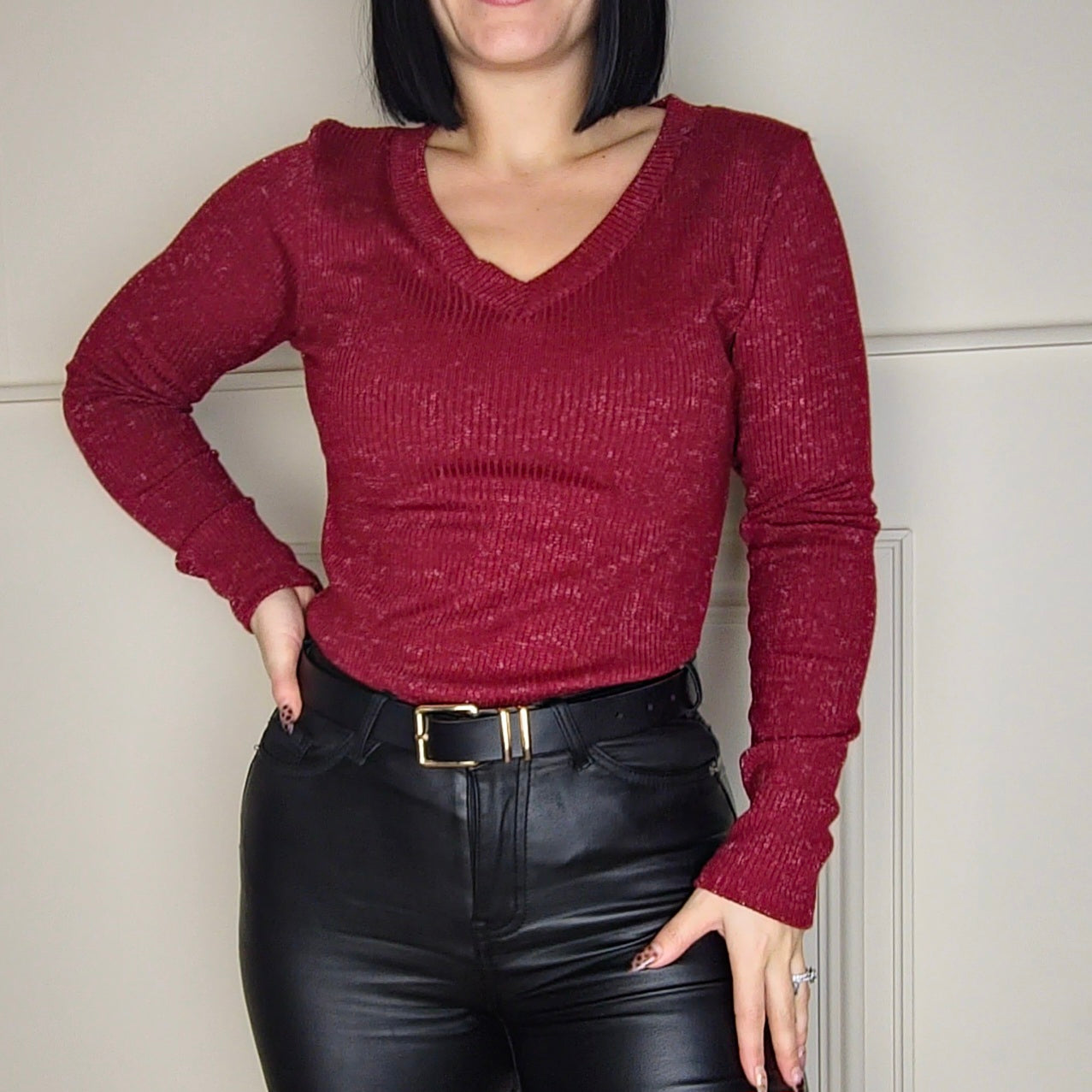 DALIA - Shimmer Ribbed Knitted Sweater Jumper Wine