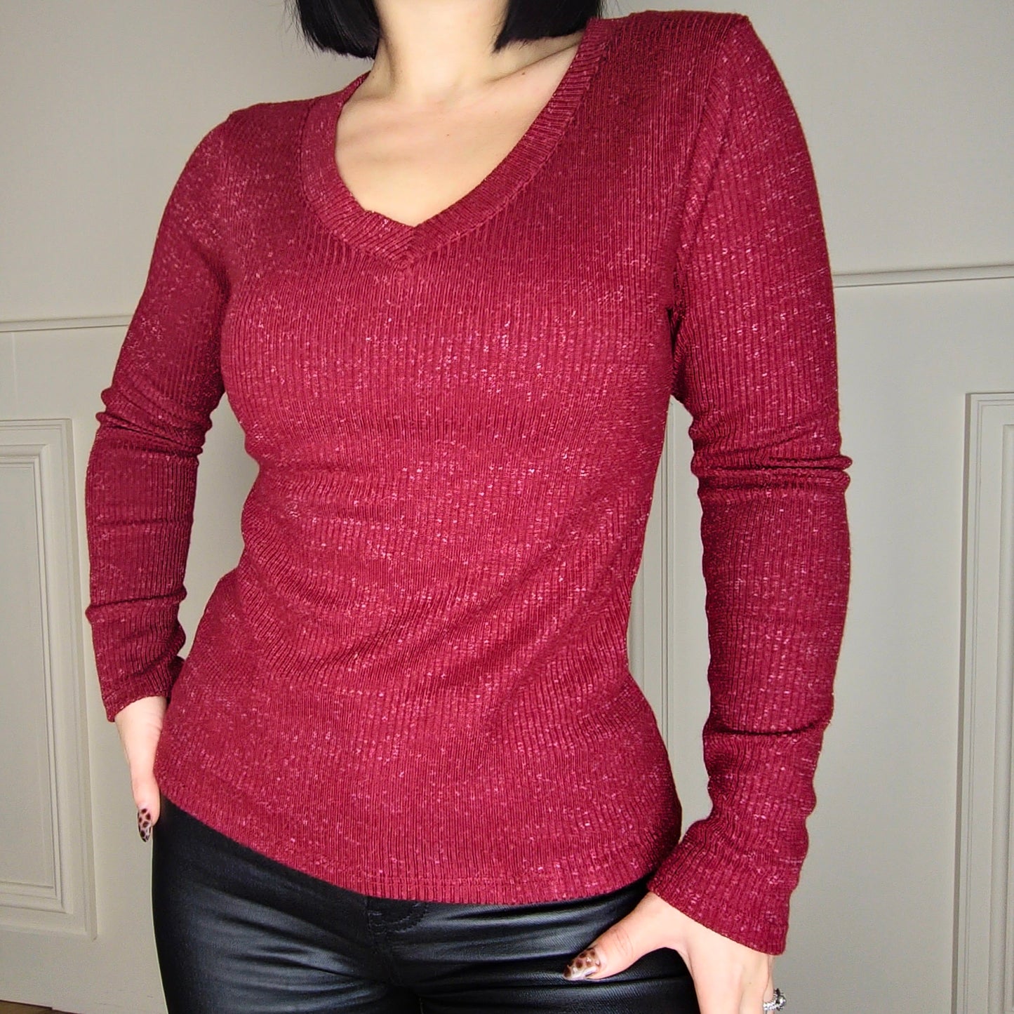 DALIA - Shimmer Ribbed Knitted Sweater Jumper Wine