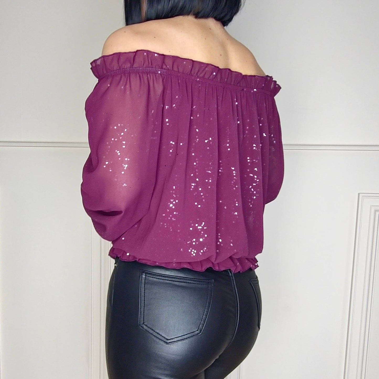 TOVA - Shimmer Off Shoulder Chiffon Blouse Plum