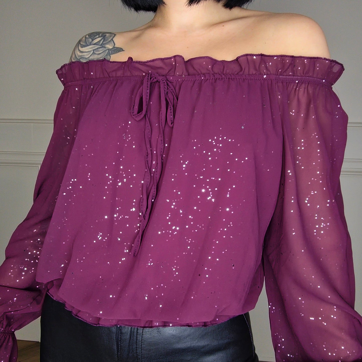 TOVA - Shimmer Off Shoulder Chiffon Blouse Plum