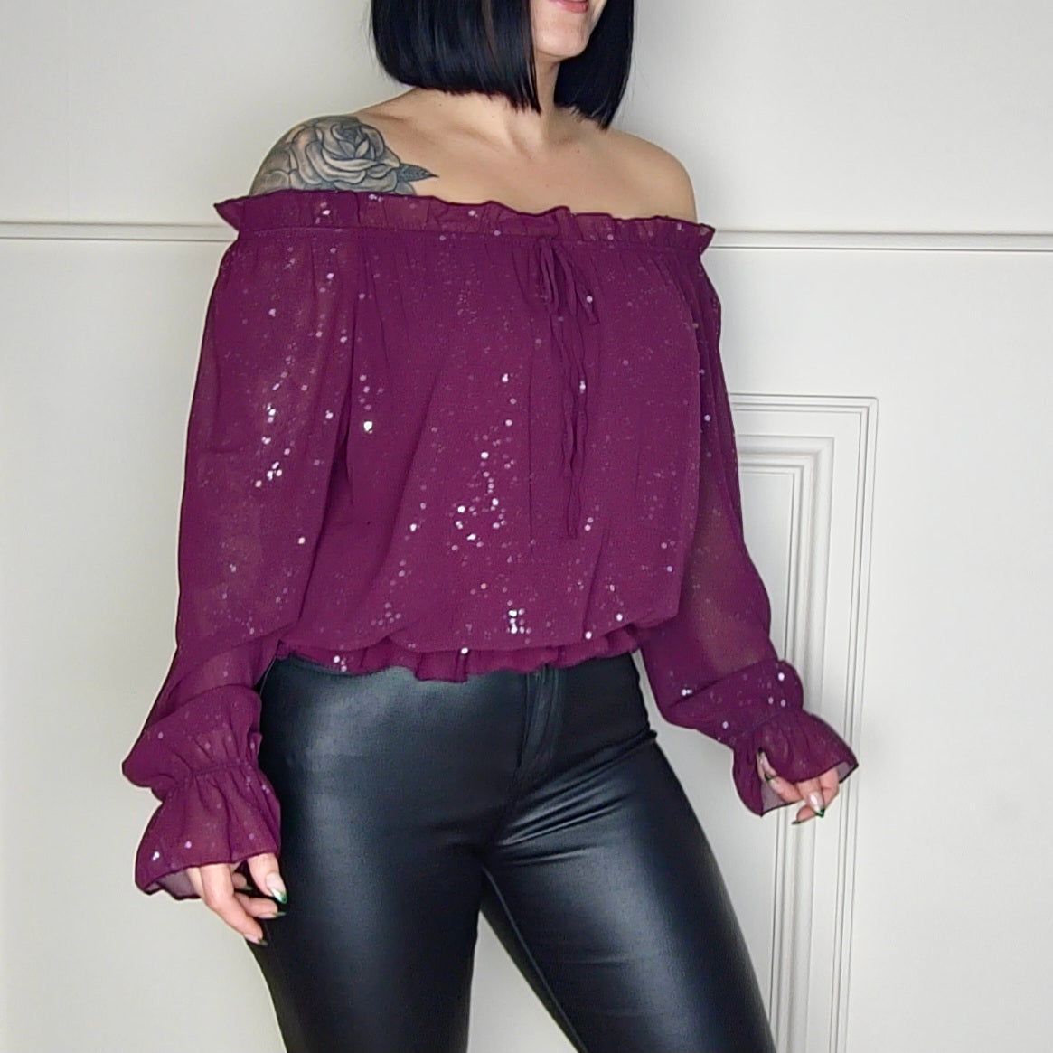 TOVA - Shimmer Off Shoulder Chiffon Blouse Plum
