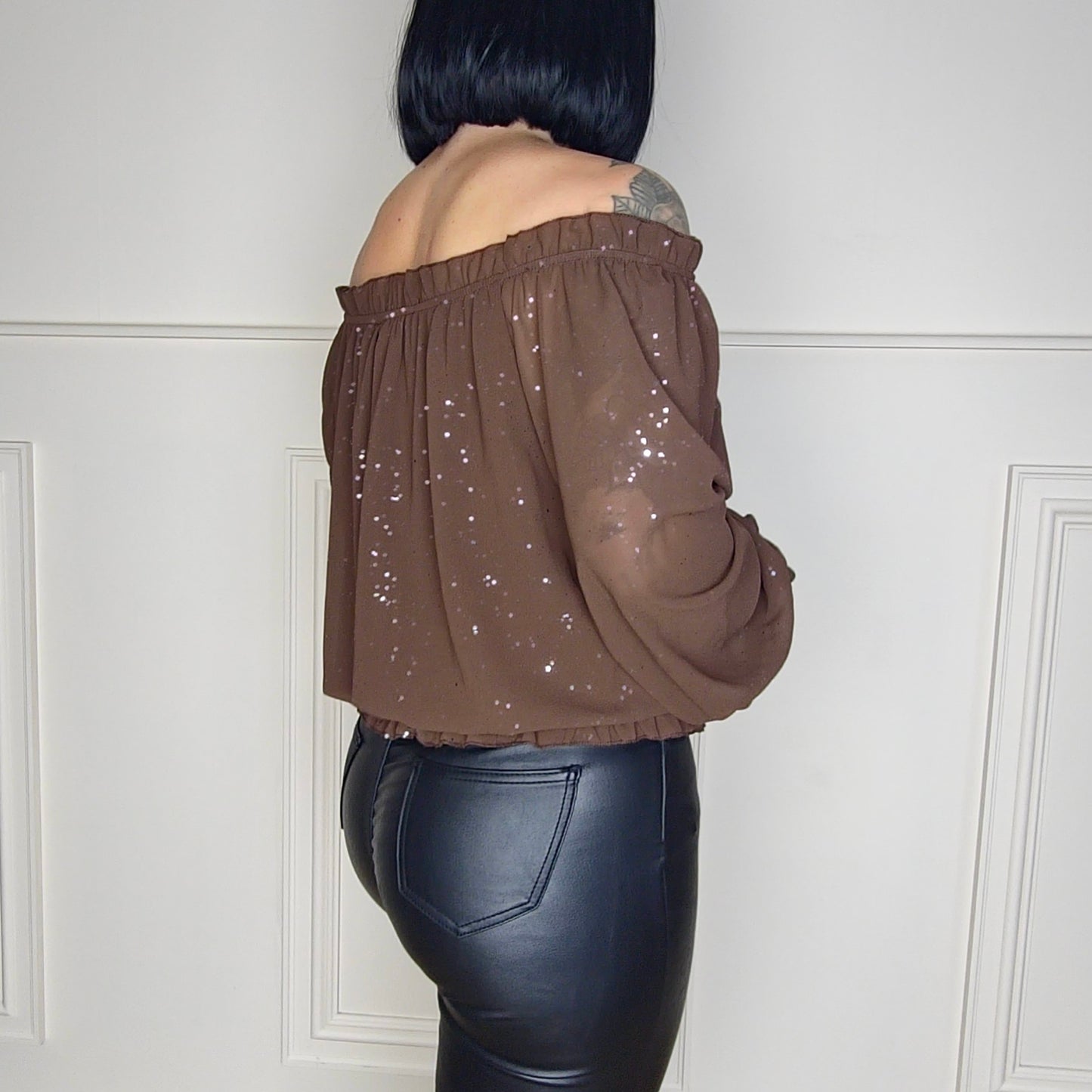 TOVA - Shimmer Off Shoulder Chiffon Blouse Chocolate