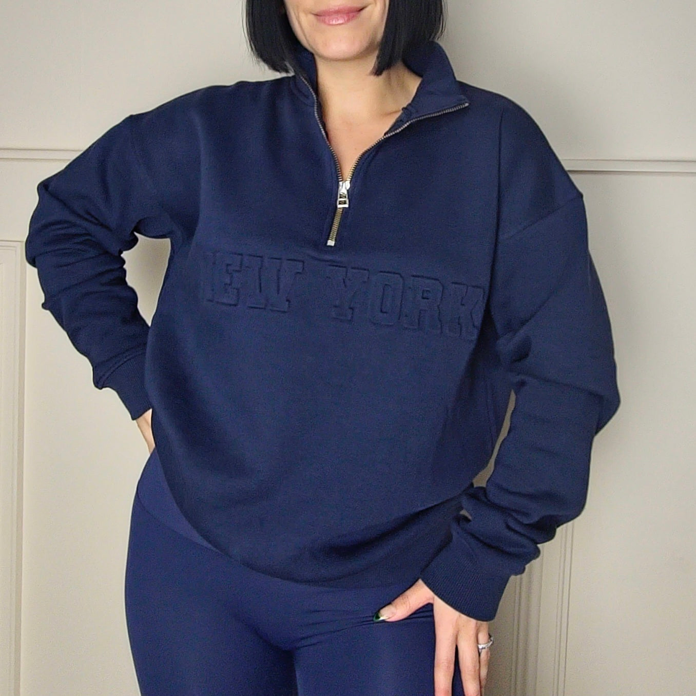 NEW YORK - Cotton Blend Embossed Fleece Lined Jumper Dark Navy
