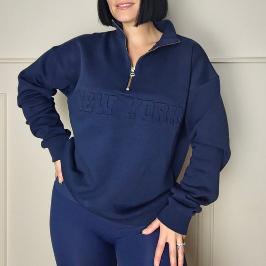 NEW YORK - Cotton Blend Embossed Fleece Lined Jumper Dark Navy