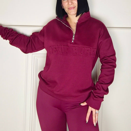 NEW YORK - Cotton Blend Embossed Fleece Lined Jumper Wine
