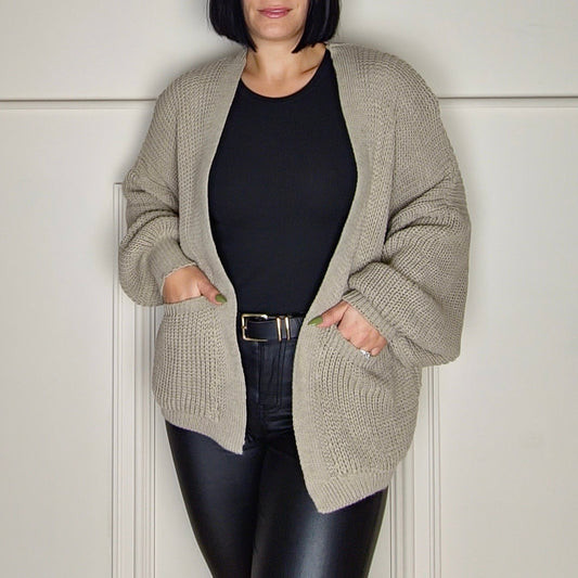 BELLA - Pocket Detail Knitted Cardigan Stone