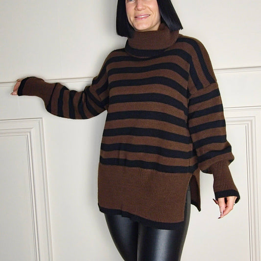 TULA - Oversized Striped Turtleneck Jumper Brown