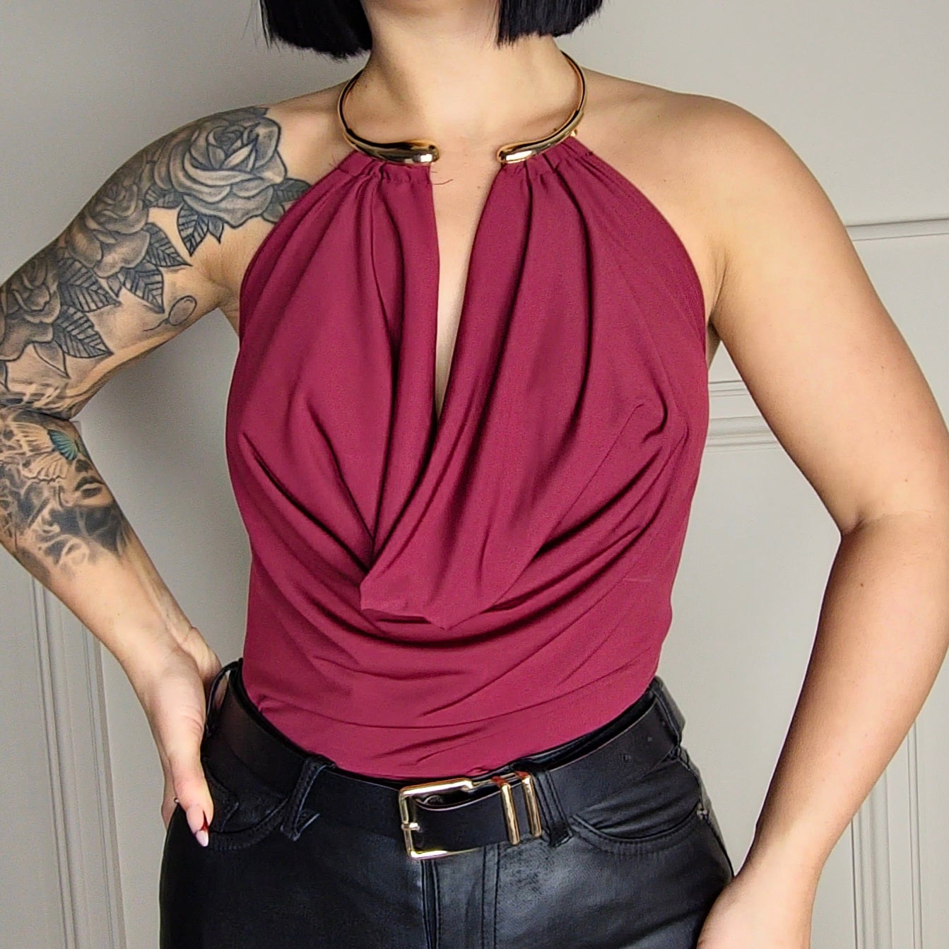 ALEXANDRIA - Cowl Halter Neck Drape Bodysuit