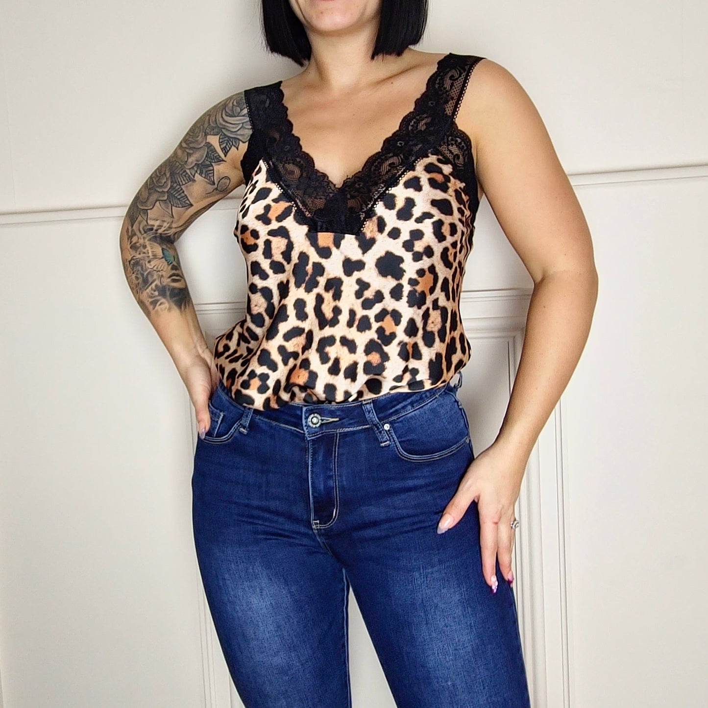 JADE - Leopard Satin Contrast Lace Camisole