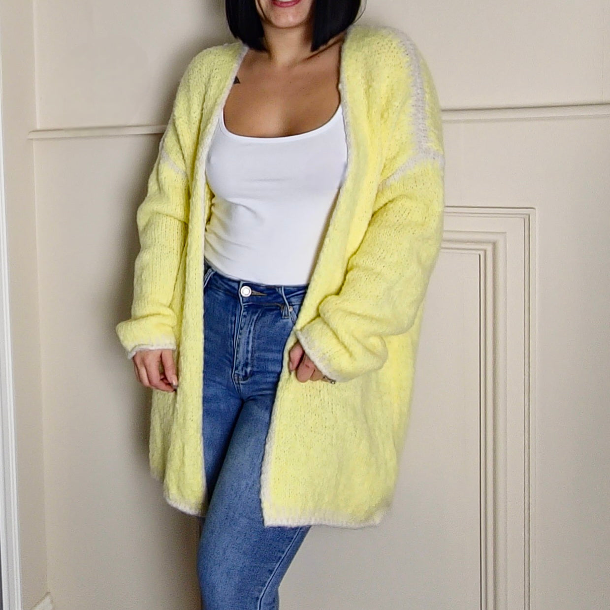 SADIE - Wool Blend Contrast Knitted Cardigan Lemon