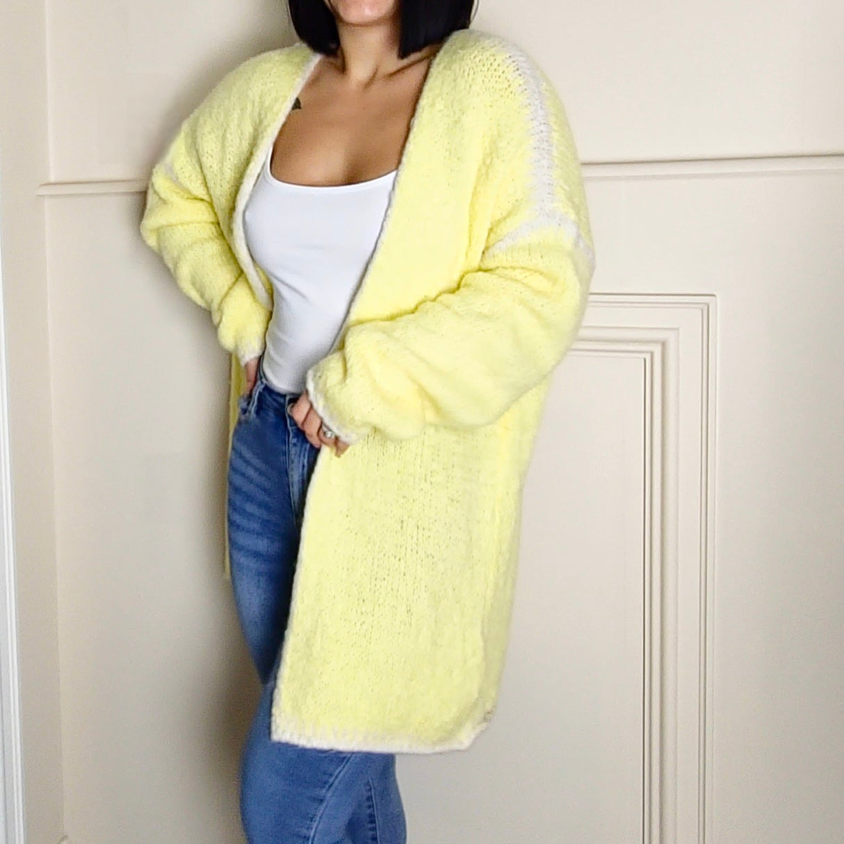 SADIE - Wool Blend Contrast Knitted Cardigan Lemon