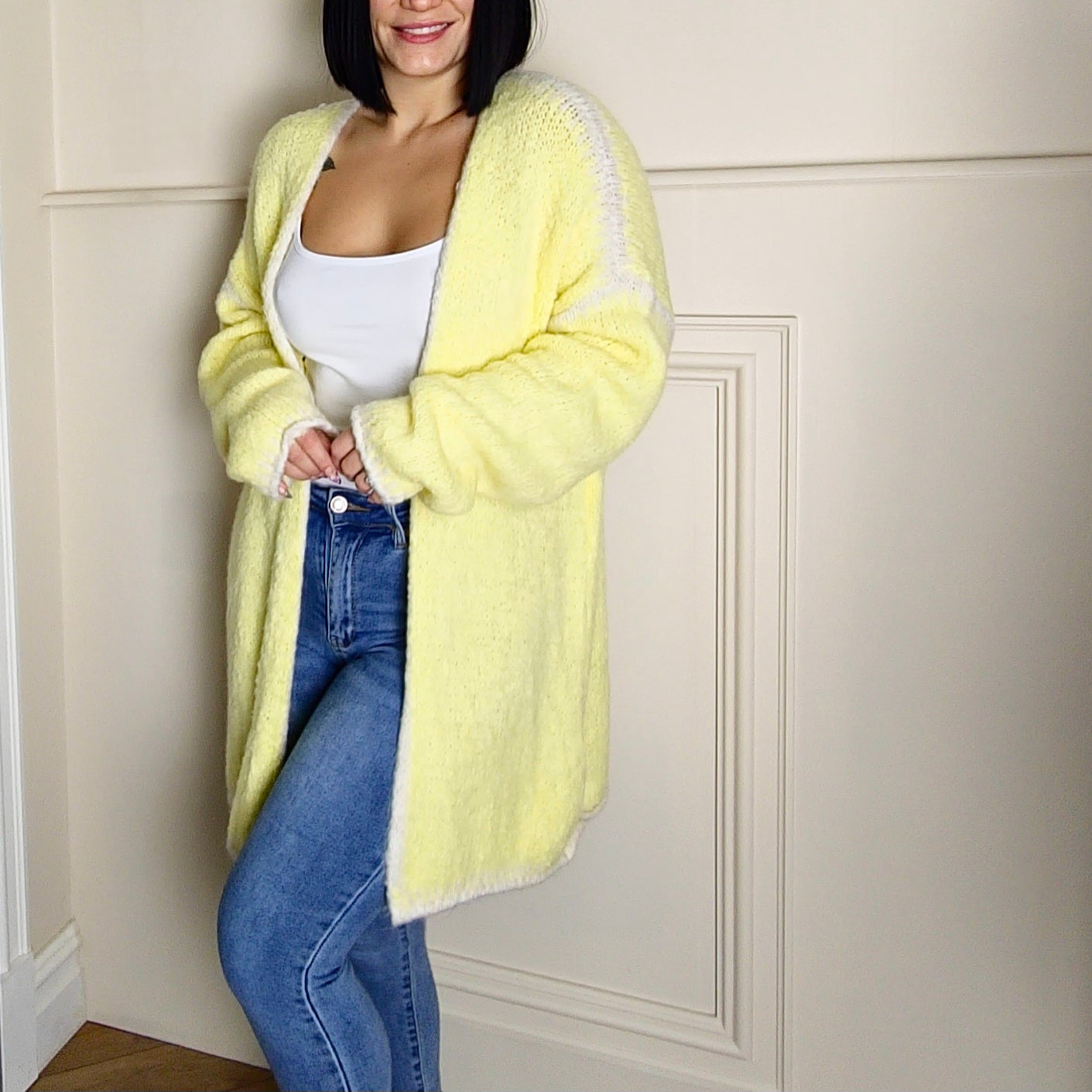 SADIE - Wool Blend Contrast Knitted Cardigan Lemon
