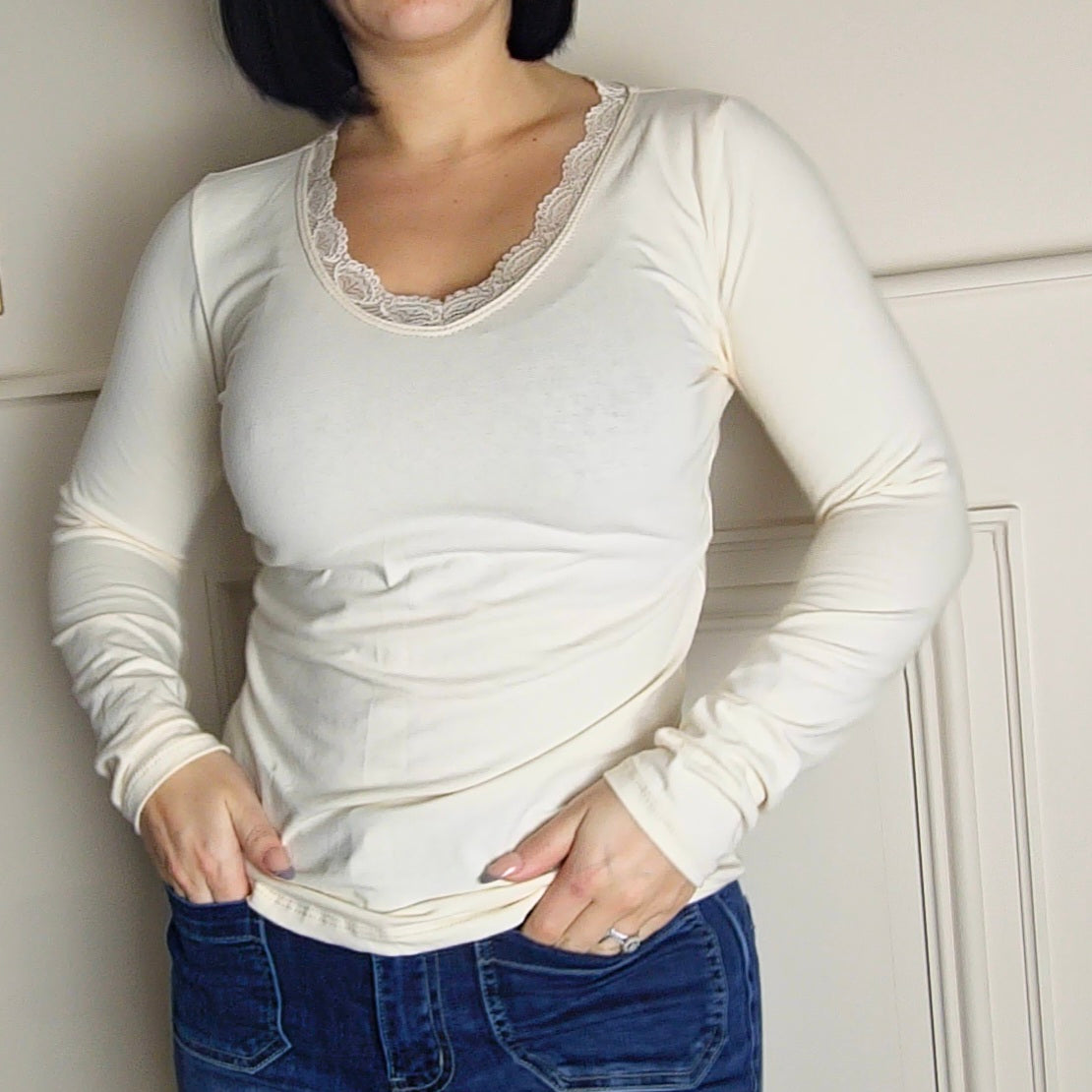 OLIA - Lace Trim Cotton Long Sleeve Top