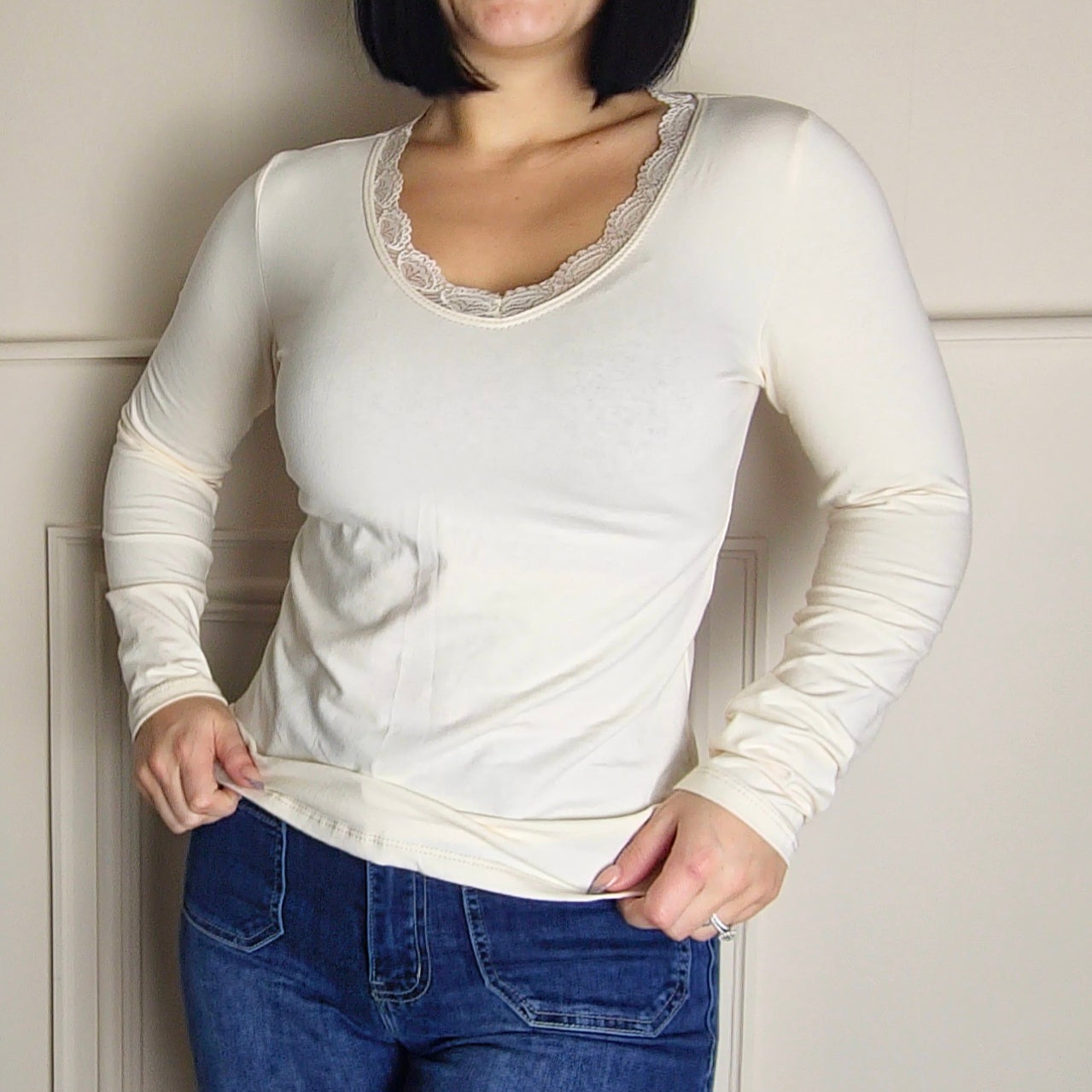 OLIA - Lace Trim Cotton Long Sleeve Top