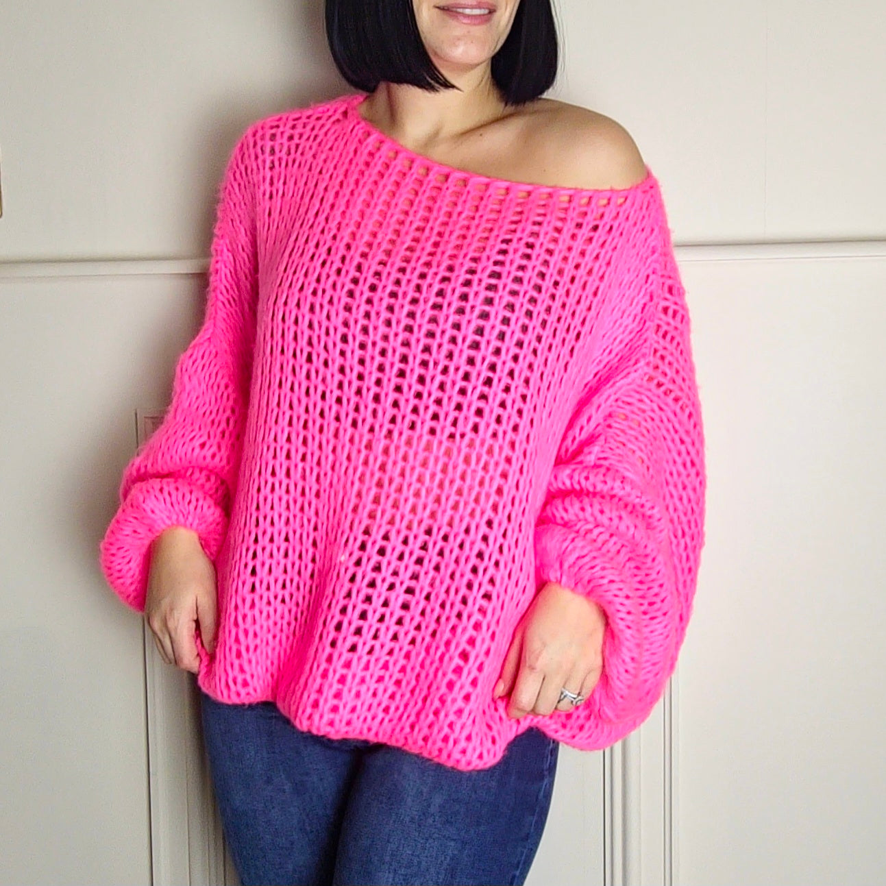 SENA - Oversized Off Shoulder Knitted Sweater Pink