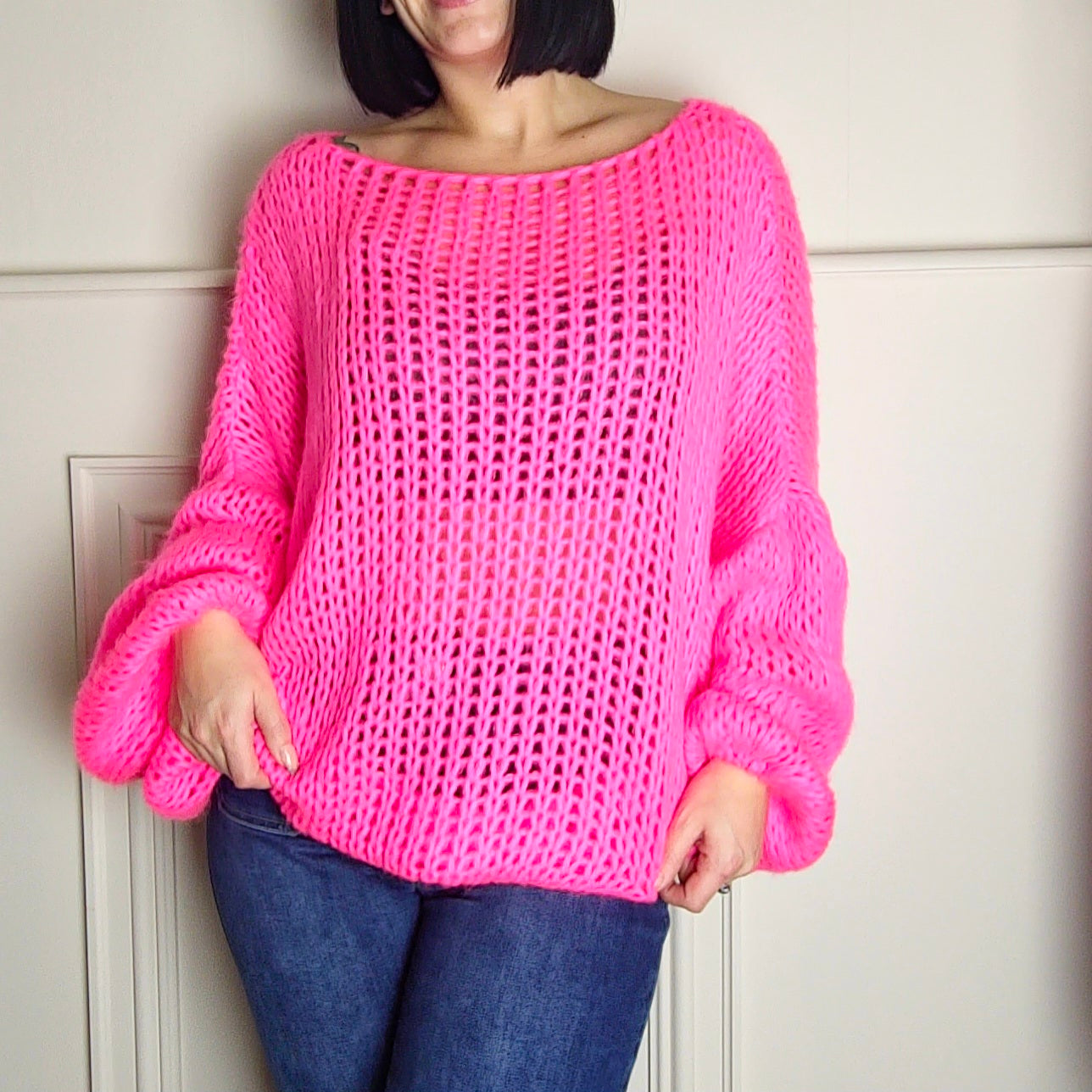 SENA - Oversized Off Shoulder Knitted Sweater Pink