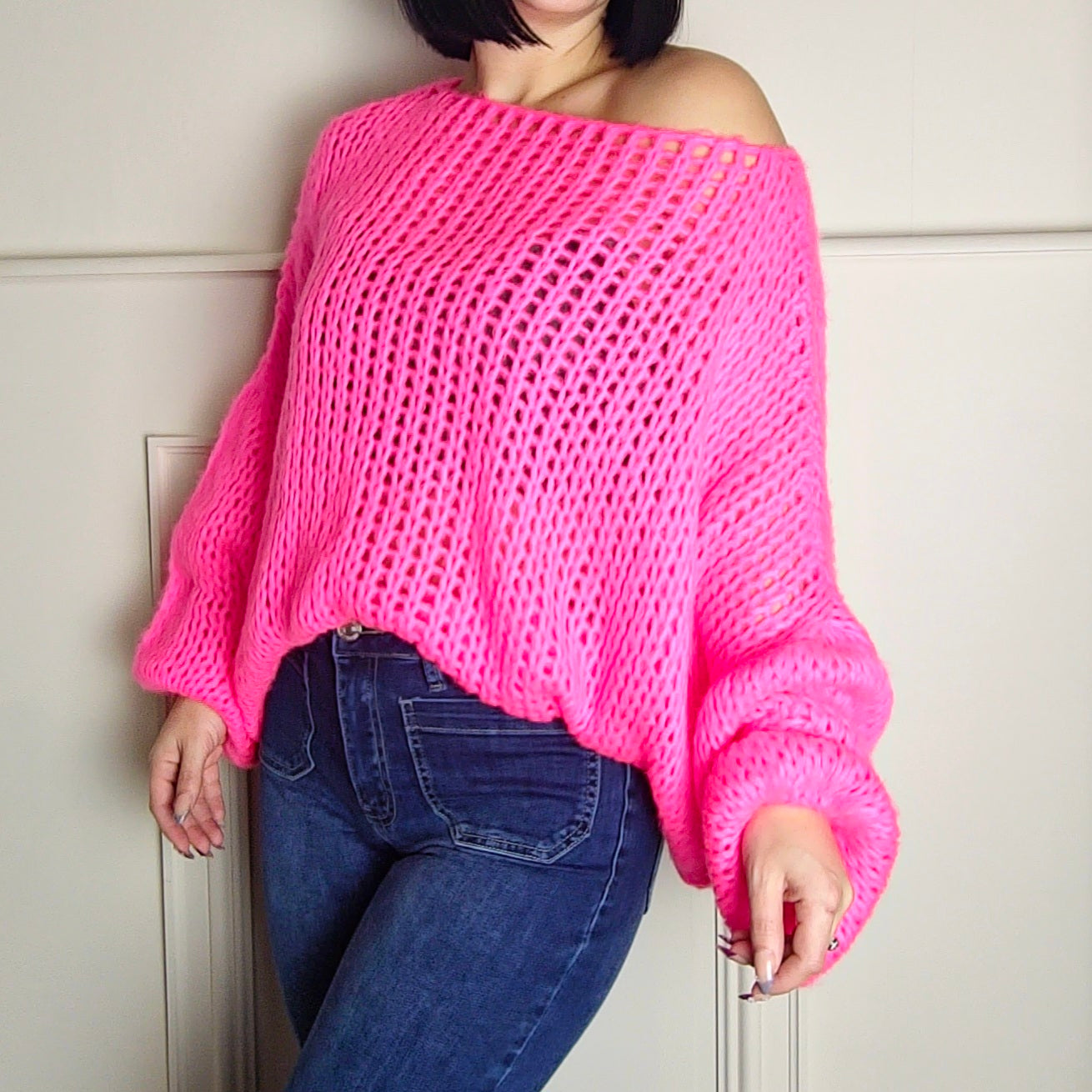 SENA - Oversized Off Shoulder Knitted Sweater Pink