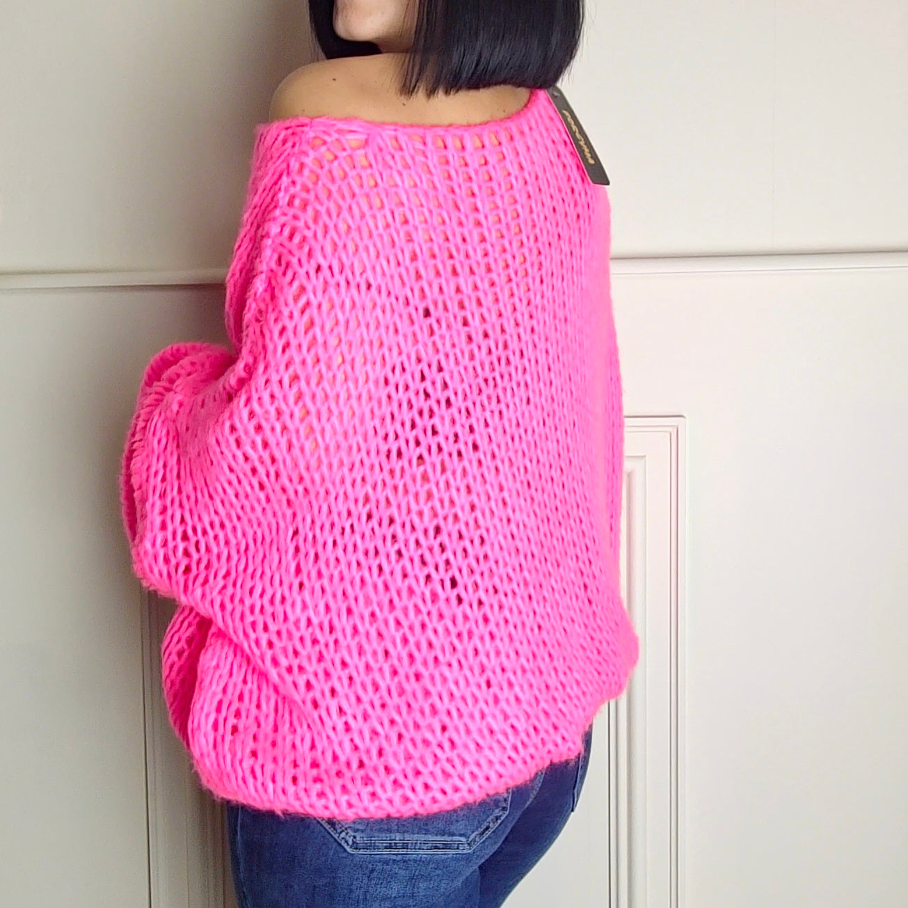 SENA - Oversized Off Shoulder Knitted Sweater Pink