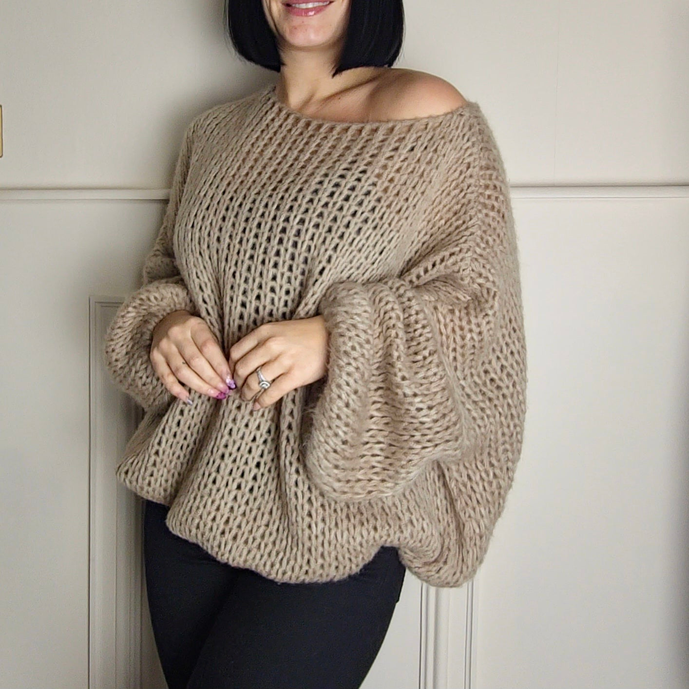 SENA - Oversized Off Shoulder Knitted Sweater Stone