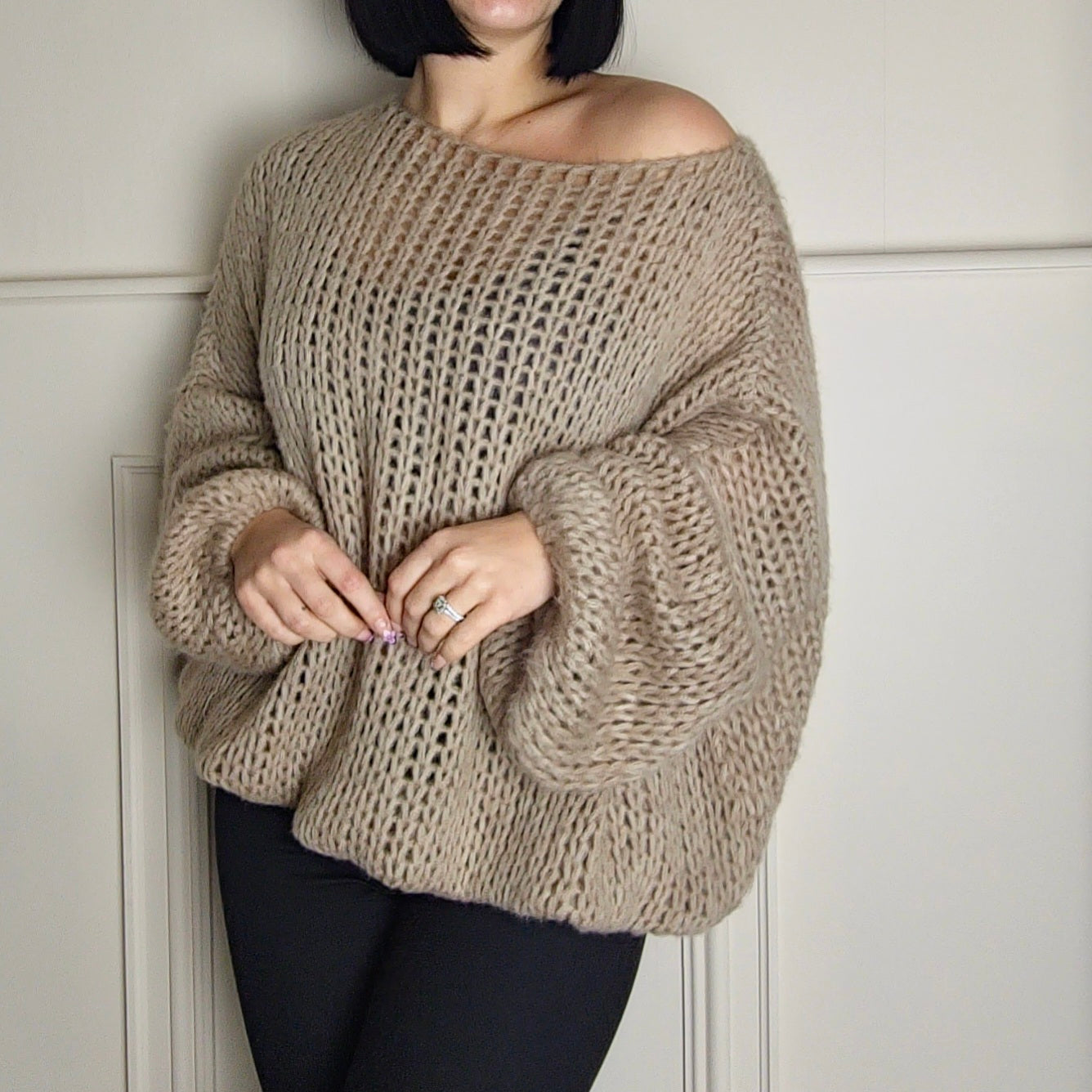 SENA - Oversized Off Shoulder Knitted Sweater Stone