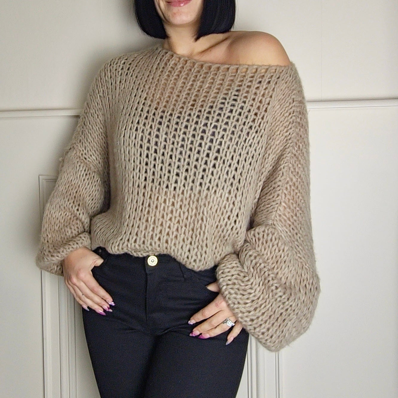 SENA - Oversized Off Shoulder Knitted Sweater Stone