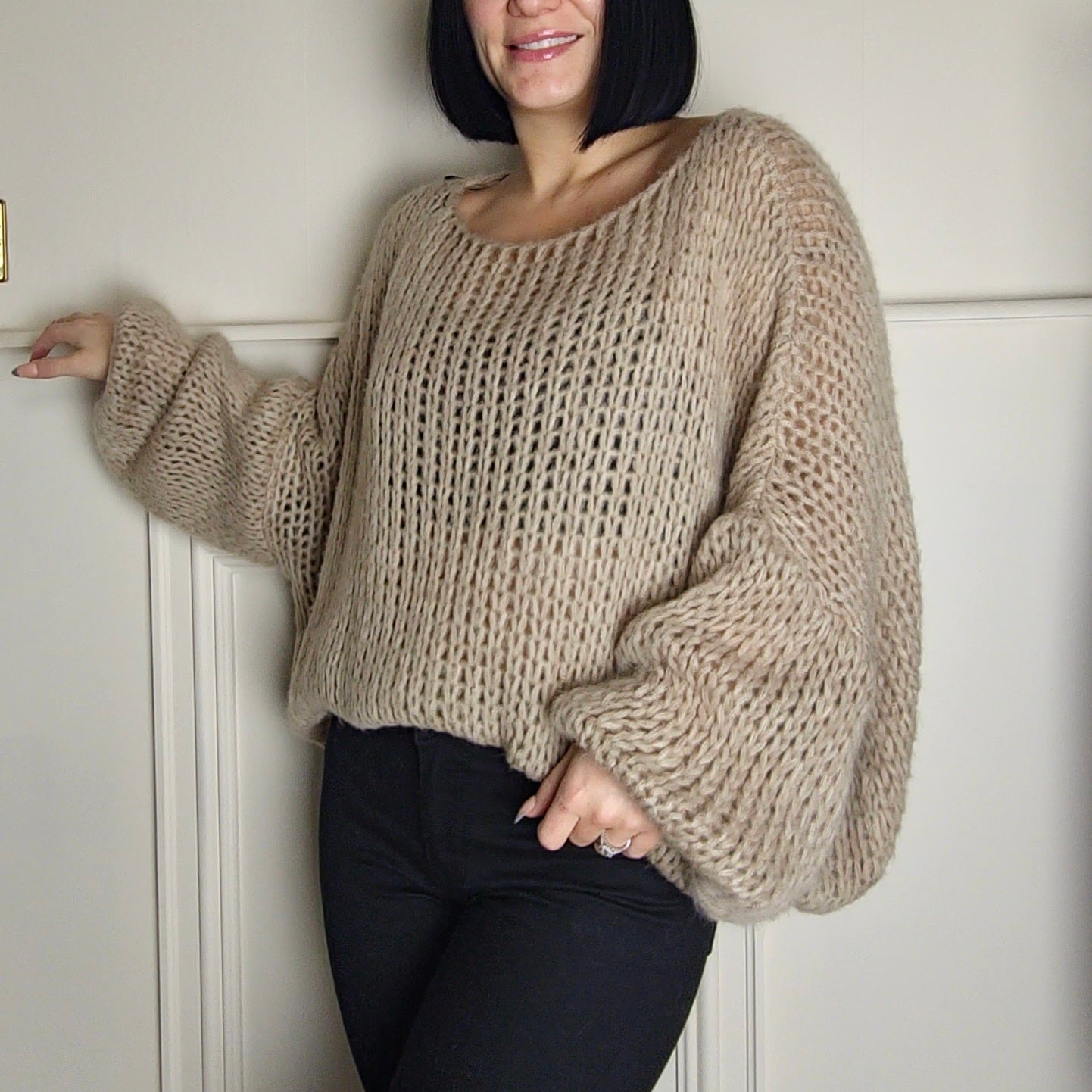 SENA - Oversized Off Shoulder Knitted Sweater Stone