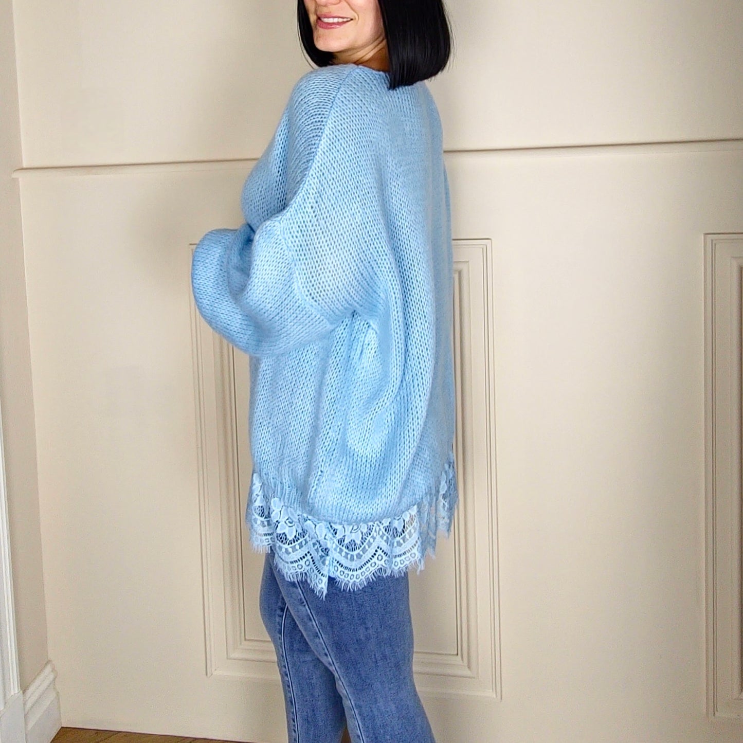 SOLA - Oversized V Neck Lace Hem Knitted Jumper