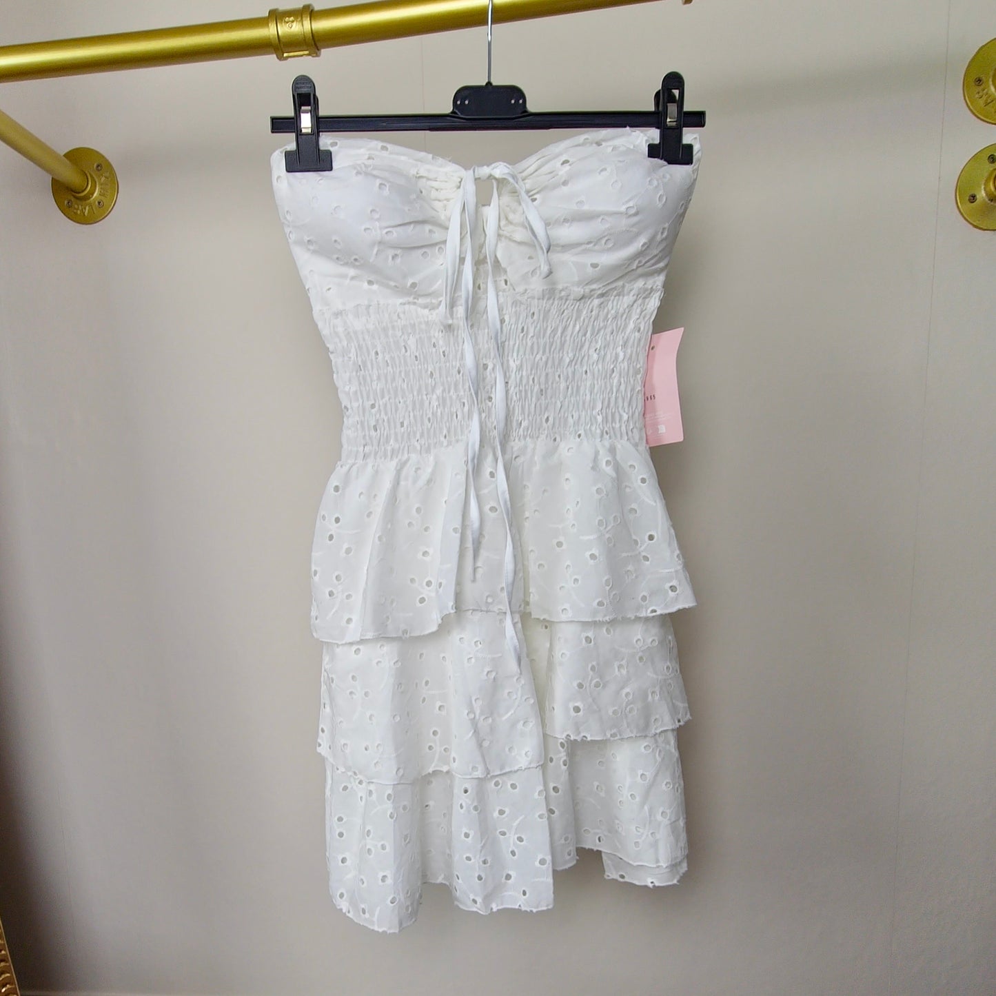 HATTIE - White Strapless Tiered Cotton Mini Dress