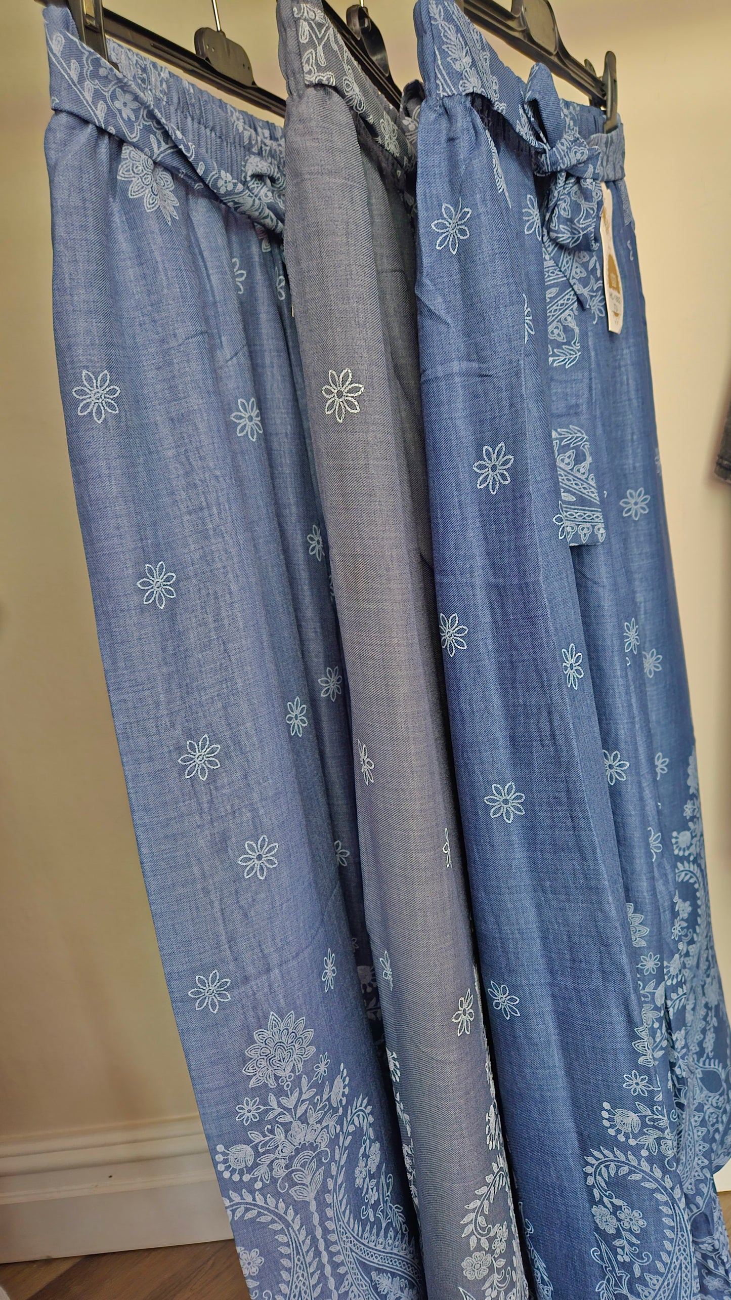 ADIA - Paisley Cotton Blend Wide Leg Trousers Light Blue
