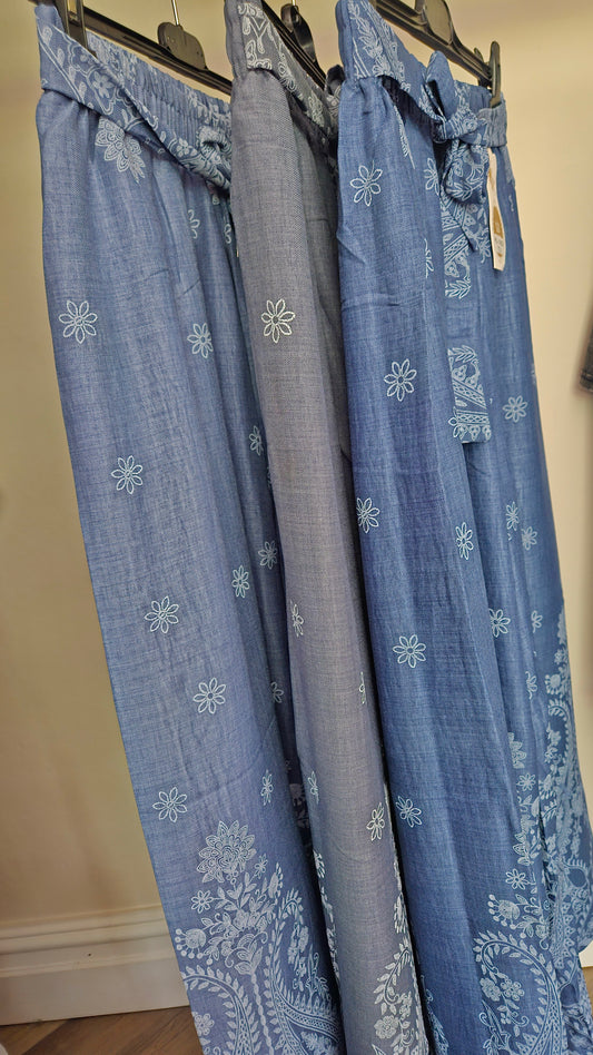 ADIA - Paisley Cotton Blend Wide Leg Trousers Light Blue