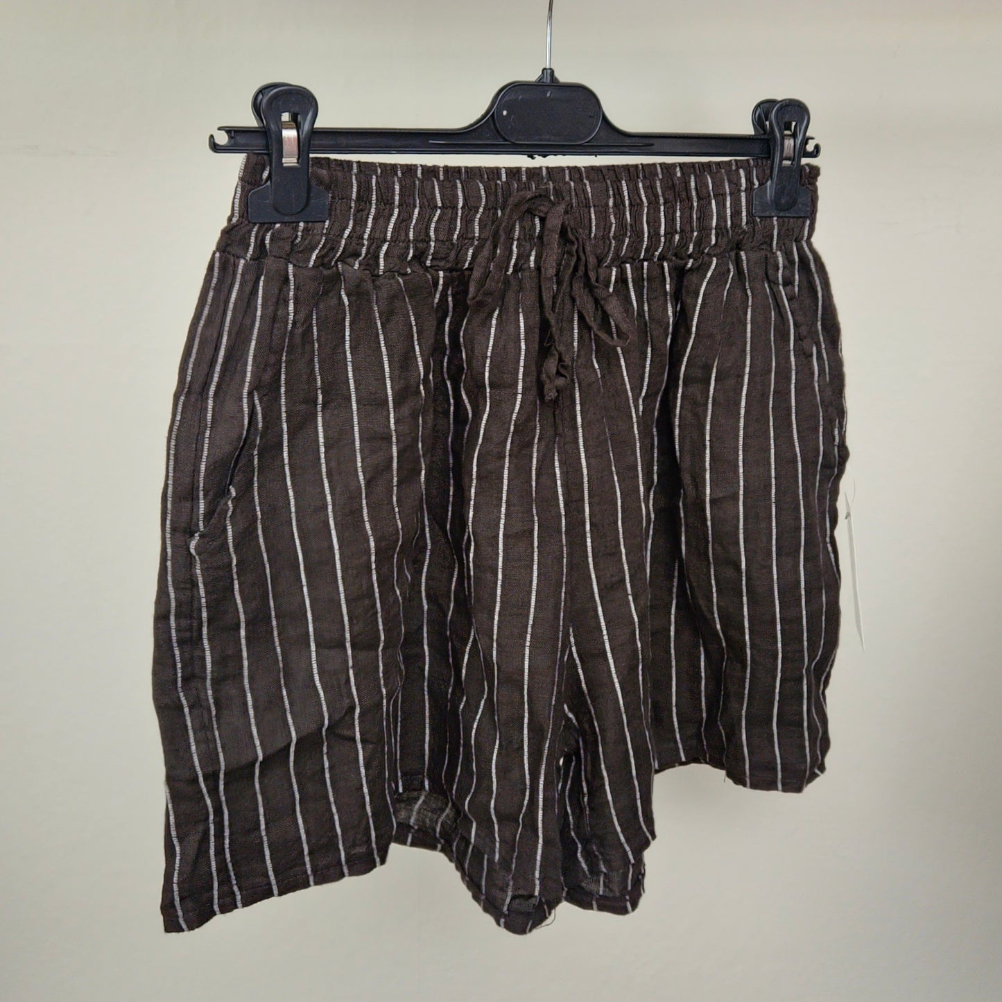 HALLIE - Vertical Stripe Linen Shorts Chocolate