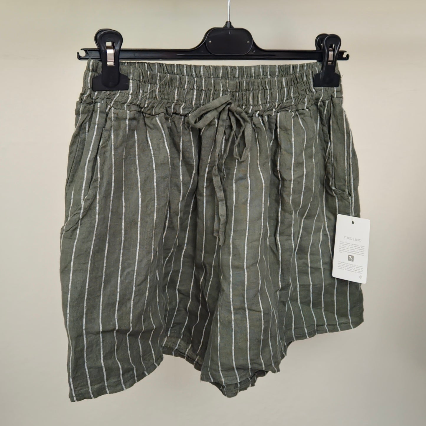 HALLIE - Vertical Stripe Linen Shorts Khaki