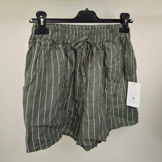 HALLIE - Vertical Stripe Linen Shorts Khaki