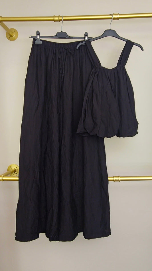 LUCY - Textured Waffle Top & Wide-Leg Trouser Set Black