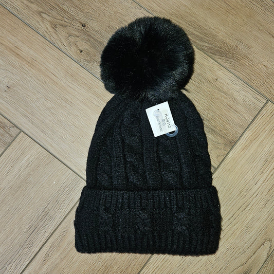 TESS - Cable Knit Fleece Lined Removable Pom Hat