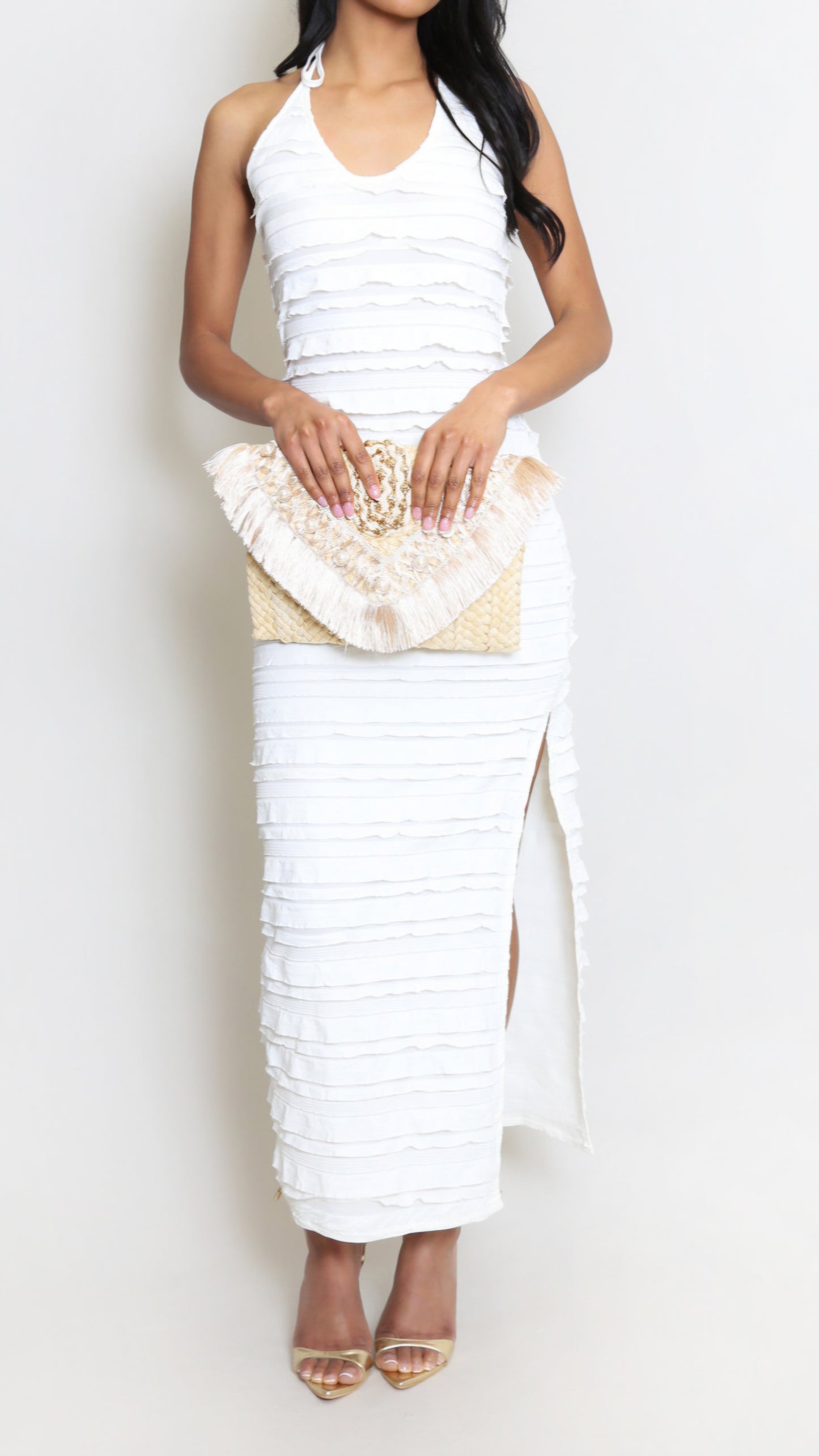 FLORENCE - Layered Halterneck Maxi Dress Cream
