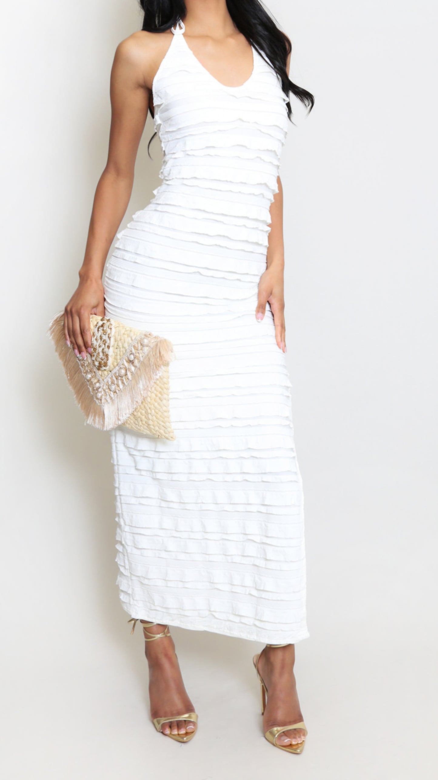 FLORENCE - Layered Halterneck Maxi Dress Cream