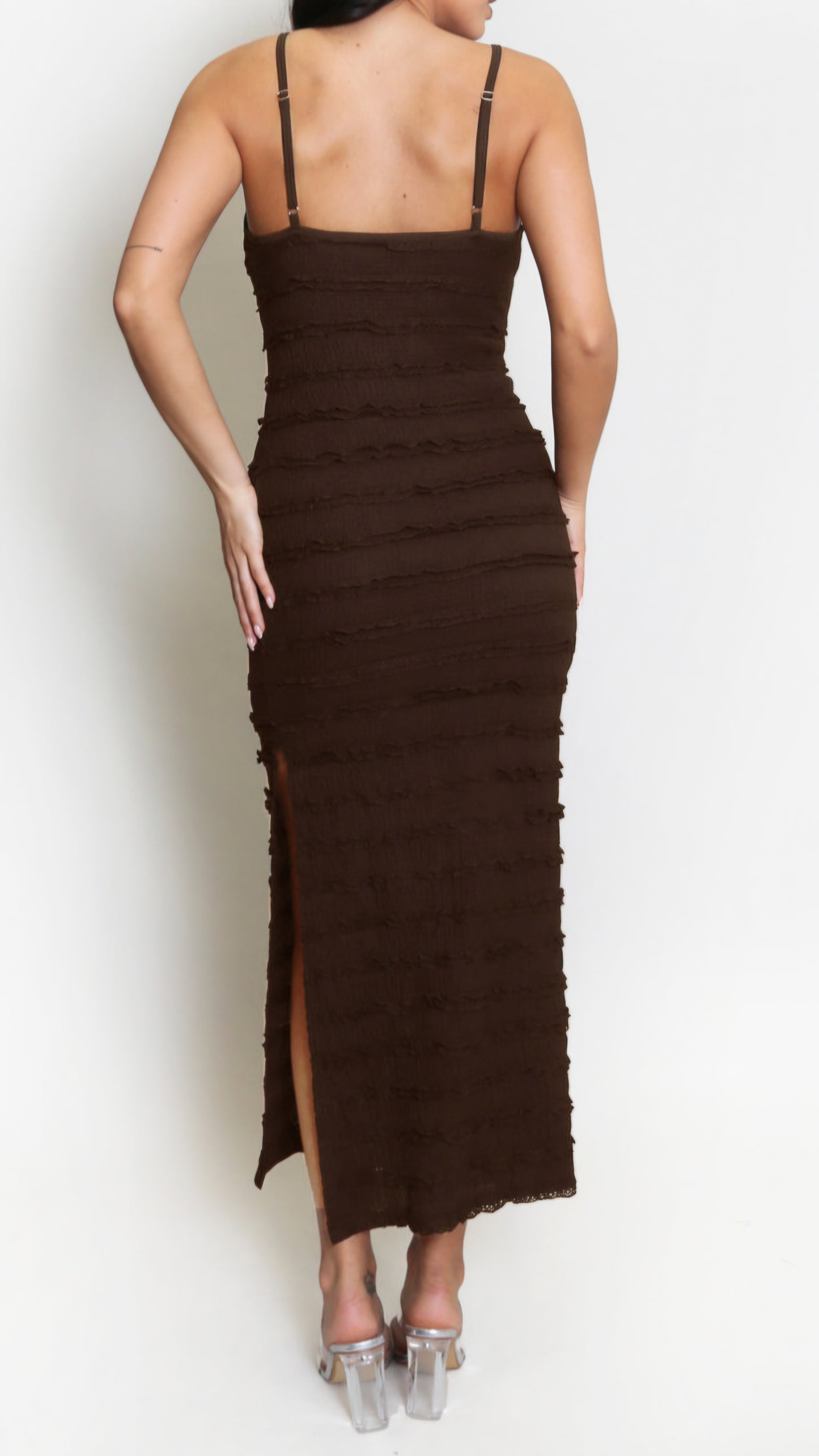 CLAUDIA - Strappy Cami Textured Dress Brown