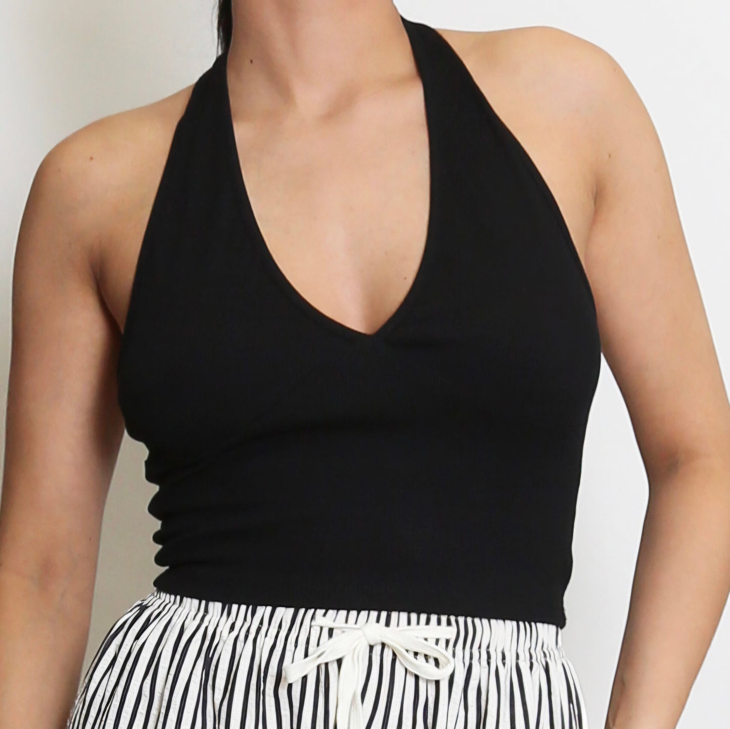 AMELIA - Ribbed V Neck Halter Neck Top Black