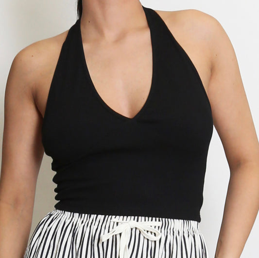 AMELIA - Ribbed V Neck Halter Neck Top Black
