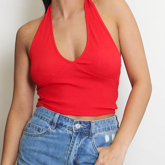 AMELIA - Ribbed V Neck Halter Neck Top Red