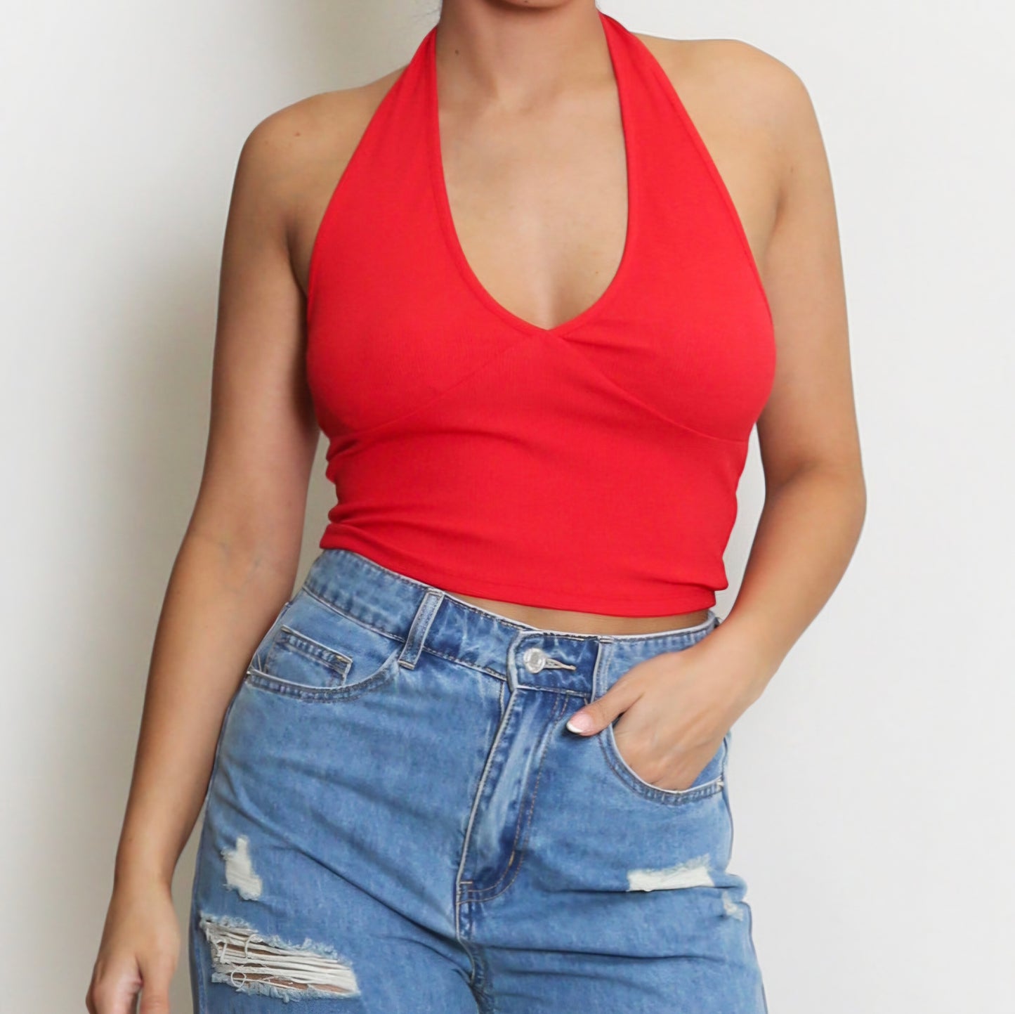 AMELIA - Ribbed V Neck Halter Neck Top Red