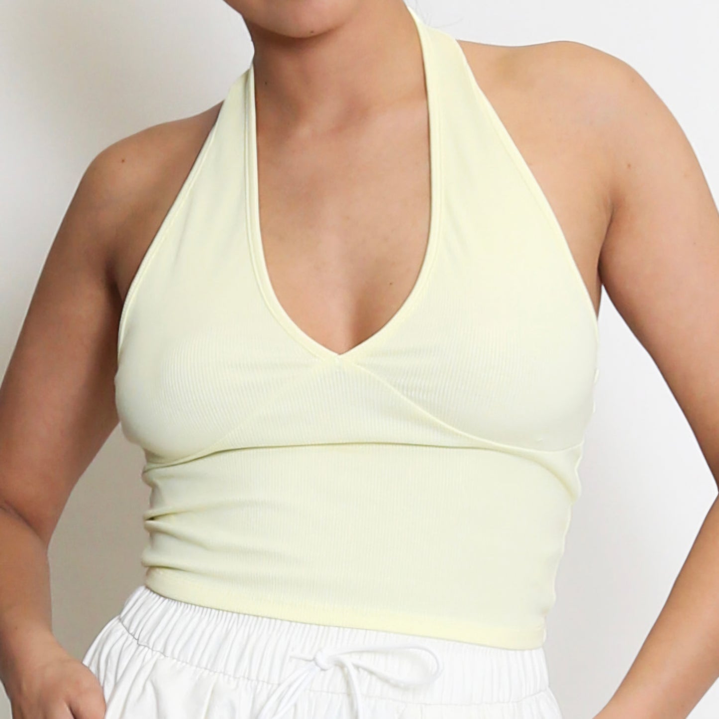 AMELIA - Ribbed V Neck Halter Neck Top Lemon