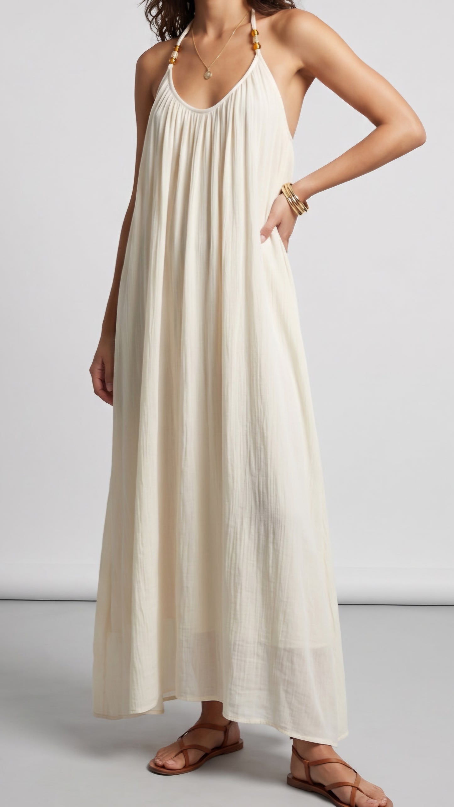 DOLLY - Beaded Halterneck Deep Back Maxi Dress Cream