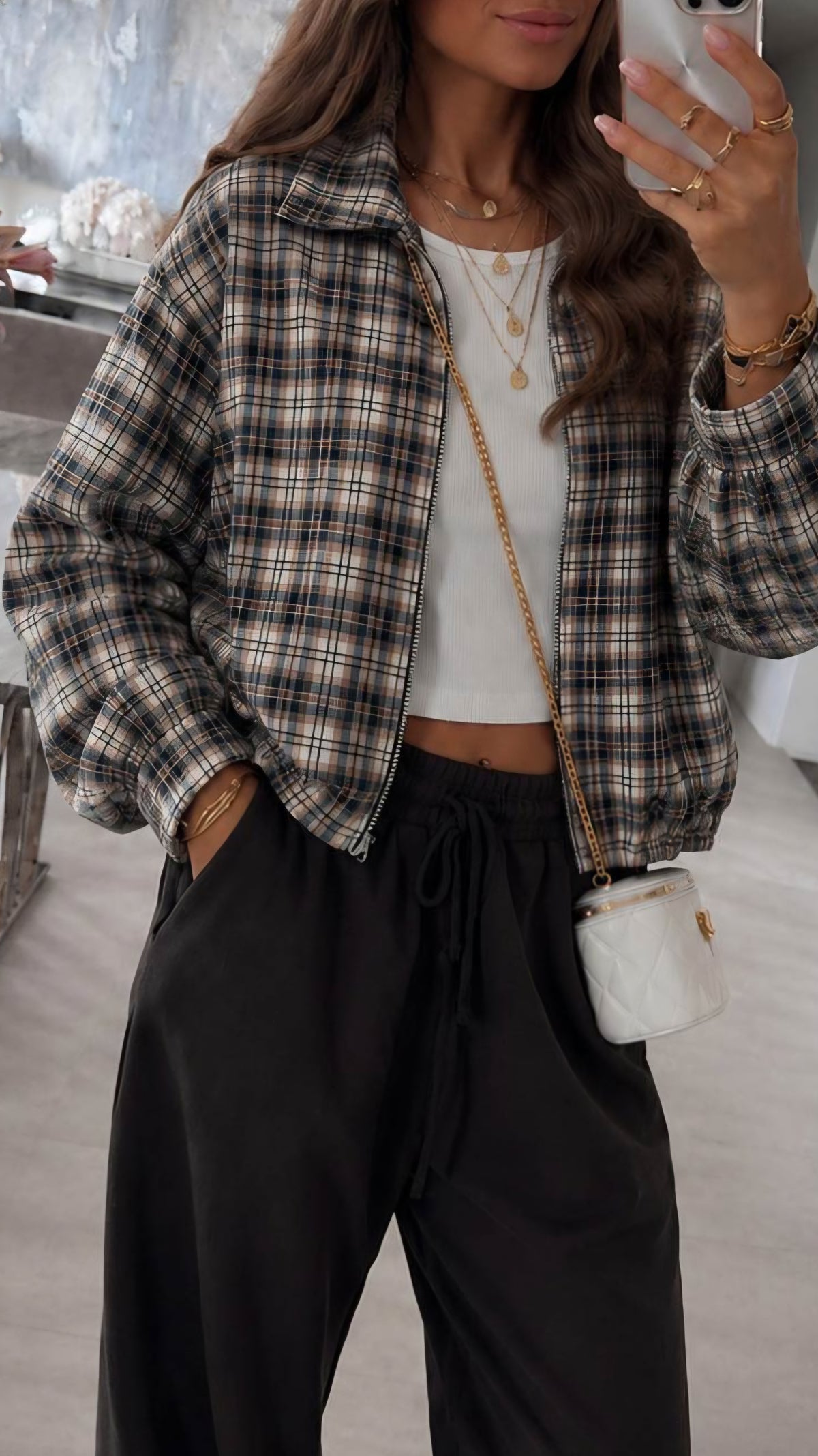 CHLOE - Checked Flannel Effect Zip Jacket