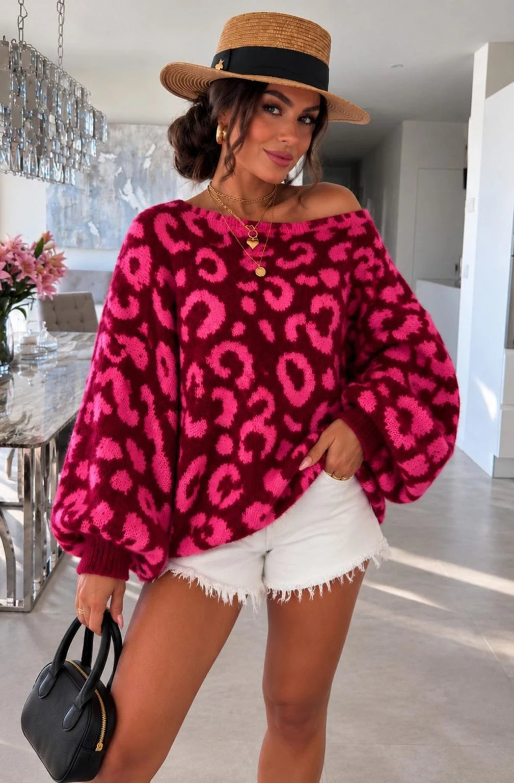 ROXIE - Leopard Batwing Oversized Knit Burgundy