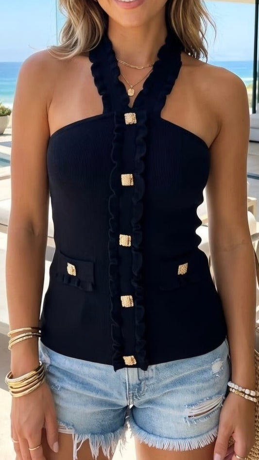 NICOLE - Ruffle Trim Button Detail Halterneck Top Black