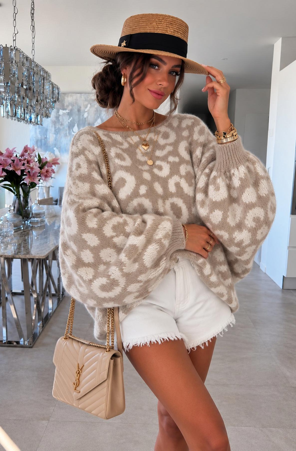 ROXIE - Leopard Batwing Oversized Knit Cream