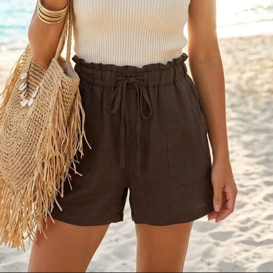 CORA - Drawstring Linen Shorts Brown