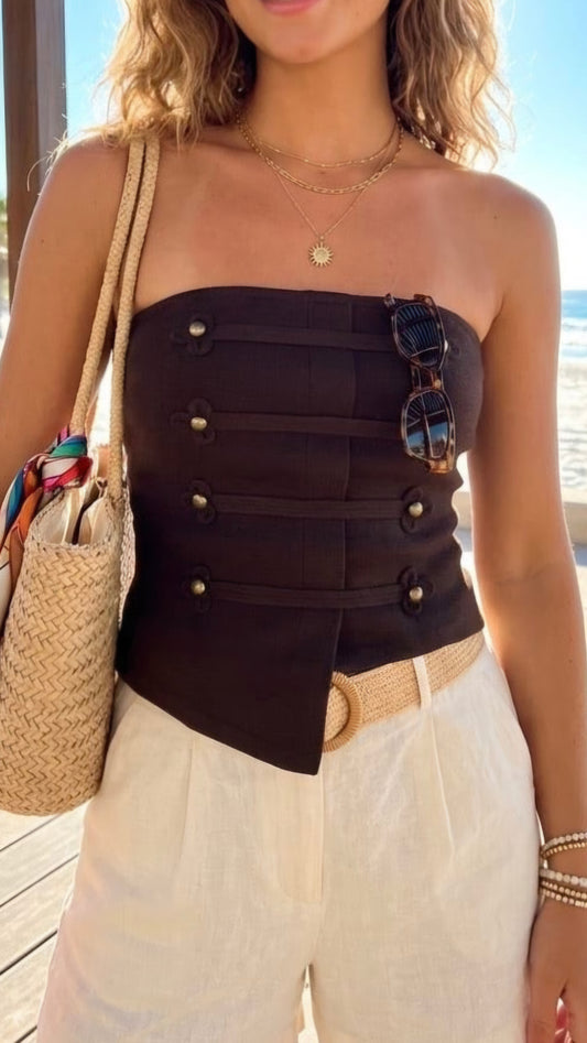 CRISSY - Bandeau Double Breasted Knitted Top Brown